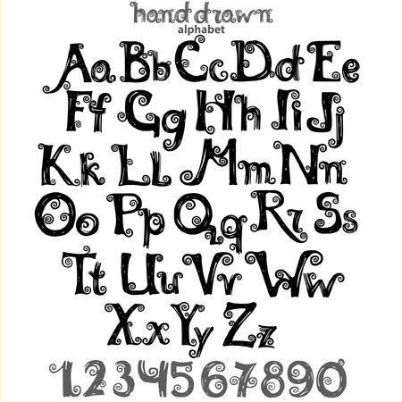 Set of letters  and numbers of curled alphabet, hand drawn abc for your design.のイラスト素材