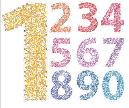 Set of numbers from one to ten made with colored threads on pinsのイラスト素材