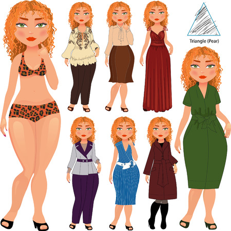Recommended fashion style for triangle type of woman figure, vector hand drawn illustration, part of collectionのイラスト素材