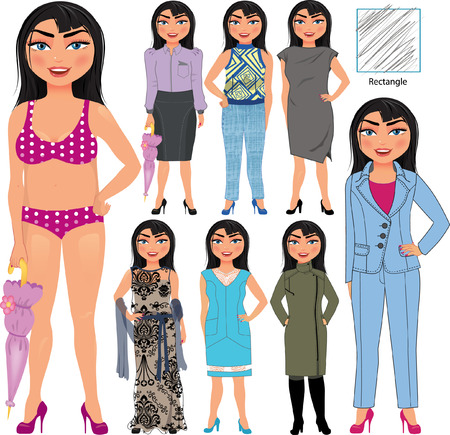 Recommended fashion styles for rectangle type of woman figure, vector hand drawn illustration, part of collectionのイラスト素材