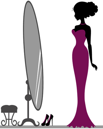 Silhouette of beautiful girl near mirrorのイラスト素材