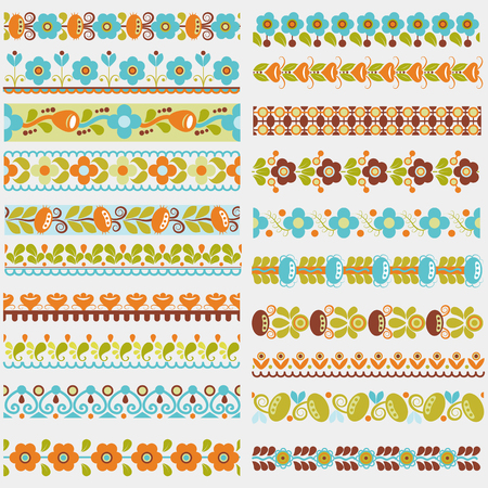 Set of twenty different floral and geometric borders. Seamless patterns, part of collection.のイラスト素材