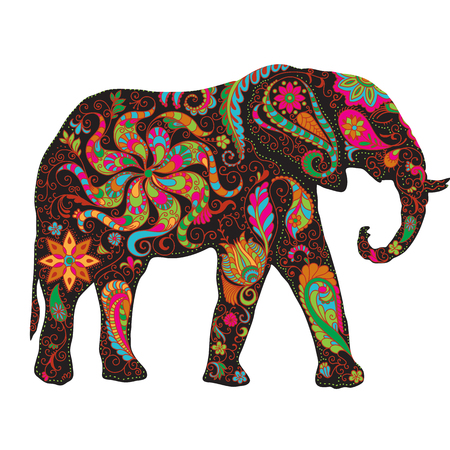 The silhouette of the elephant collected from hand drawn elements of a flower ornament.の写真素材