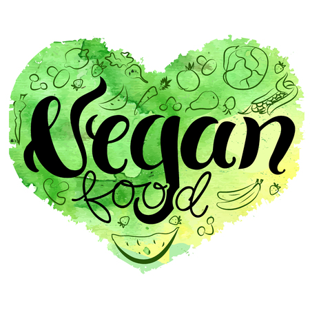 Vegan heart, drawing: the word vegan food, written in brushpen calligraphy, on ahand drawn green heart with sketchesのイラスト素材