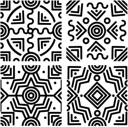 Set of seamless black and white ttribal geometric backgrounds with rounded linesのイラスト素材