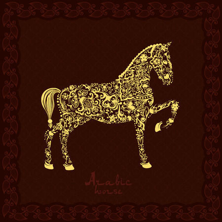 Silhouette of horse, made with arabic style floral patternsのイラスト素材
