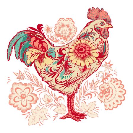 Cockerel, symbol of new 2017 year, decorated with floral patternのイラスト素材