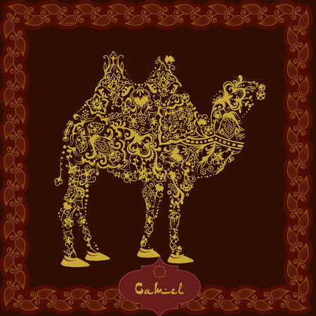 Silhouette of camel, decorated with arabic pattern, black and white illustrationのイラスト素材