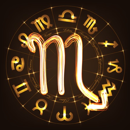Zodiac sign Scorpio in fire-show style on horoscope circle background. Circle with signs of zodiac and constellations. illustrationのイラスト素材