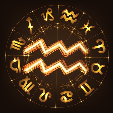 Zodiac sign Aquarius in fire-show style on horoscope circle background. Circle with signs of zodiac and constellations.Vector illustrationのイラスト素材