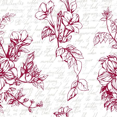 Seamless vector background with drawings of blossom garnet and calligraphy vintage textのイラスト素材