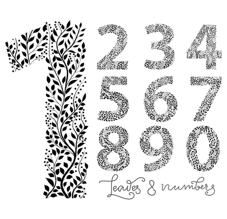 Set of numbers from one to ten, made with hand drawn leavesのイラスト素材