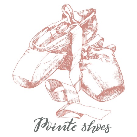 Illustration, hand drawn pair of well worn ballet pointe shoes.のイラスト素材