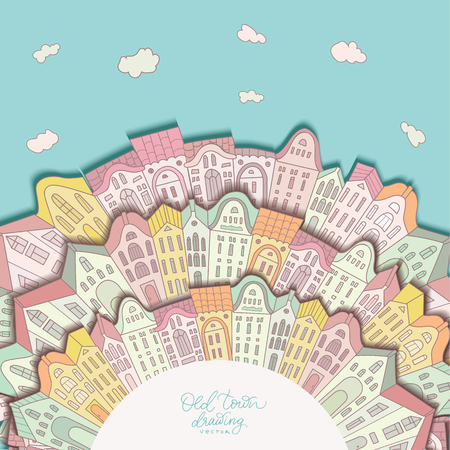 Background with doodle houses on circle compositionのイラスト素材