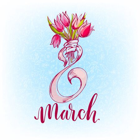 Holiday card 8 March, International women day, beautiful tulip bouquetのイラスト素材