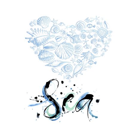 Summer watercolor background with sea shellsのイラスト素材