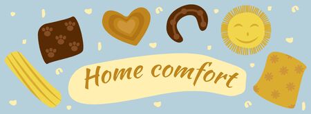 Vector coverage for social networks from a set of pillows "home comfort" in yellow and brown tones with small elements.のイラスト素材