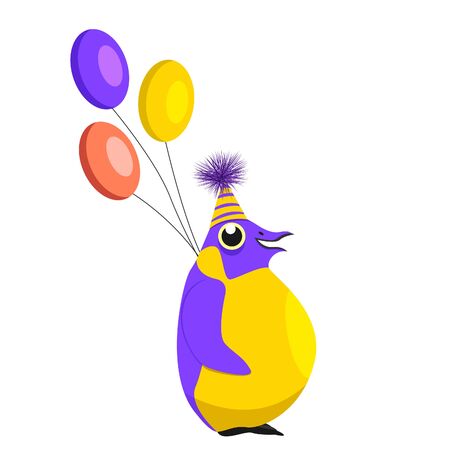 Vector illustration of a penguin, birthday, made in bright, non-standard colors with festive elements. Suitable for postcards, advertising posters, textiles.のイラスト素材
