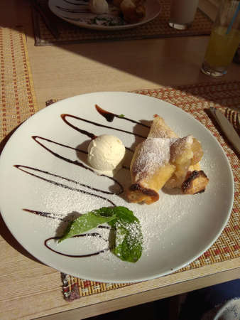 Ice cream and apple strudelの写真素材