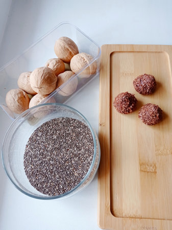 Chia seeds, candy, walnutsの写真素材