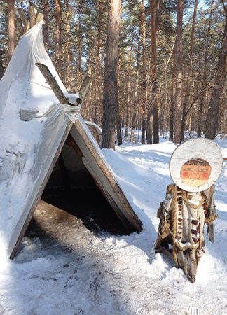 Chum in the winter forest, hutの写真素材