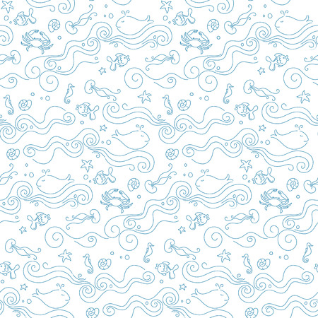 Seamless abstract pattern with waves, whale, fish, seahorse, jellyfish, crabのイラスト素材