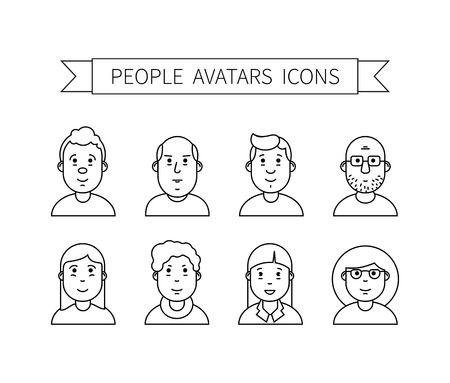 Set wth thin line icon of people stylish avatars for profile page, social network, social media, different age man and woman characters. Vector illustrationのイラスト素材