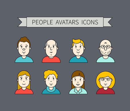 Set wth thin line icon of people stylish avatars for profile page, social network, social media, different age man and woman characters. Vector illustrationのイラスト素材