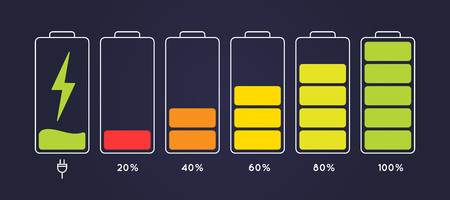 Discharged and fully charged battery smartphone. Icon  isolated on black background. Vector infographic.のイラスト素材