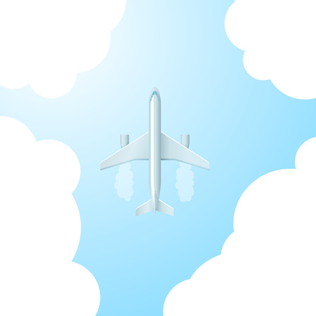 Airplane flying in the sky among the clouds. Vector illustration.のイラスト素材