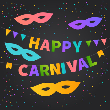 Happy Carnival card. Multicolored bright buntings garlands. Celebrate banner. Party flags with masksのイラスト素材