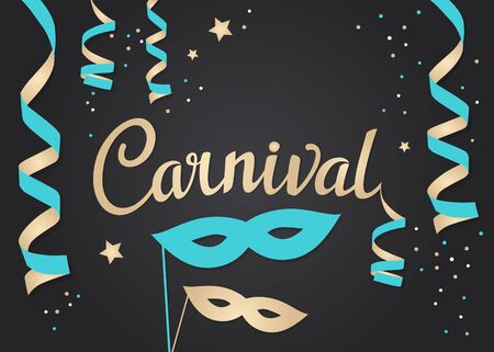 Celebration festive background with confetti, hanging pennants and carnival masks. Carnival card template vector illustrationのイラスト素材