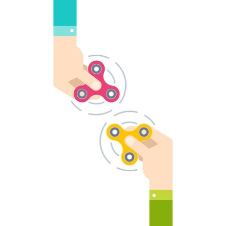 Two hands holding popular fidget spinner toy, stress relief. Flat style vector illustrationのイラスト素材