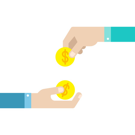 Human hand giving golden coins  to other hand. Flat style. Vector illustration isolated on white background. のイラスト素材