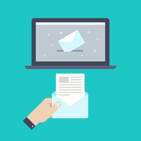 Hand holding envelope, letter. Email symbol on the computer monitor. E-mail message concept. Vector illustrationのイラスト素材