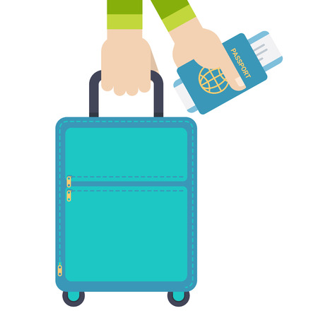 Hand holding travel bag, passport and ticket. Vector illustration on white background in flat designのイラスト素材