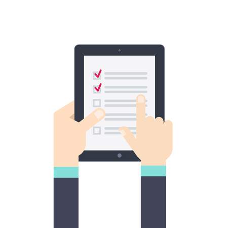 Hand holds tablet with checklist on it and finger touch screen. Flat design for web site, mobile appのイラスト素材