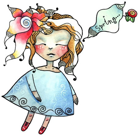 Vector illustration - little girl doll, flower, dreams of springのイラスト素材