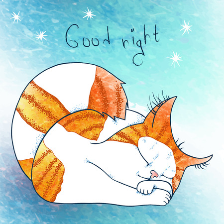 Vector illustration of sleeping little cat on the blue sky background with watercolor texture.のイラスト素材