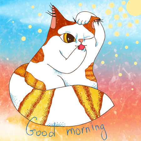 Cartoon illustration of little cat in the morning - vector formatのイラスト素材