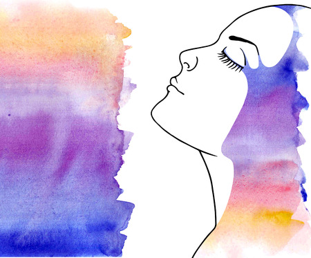 Rainbow portrait. Woman portrait with watercolor painted texture.の写真素材