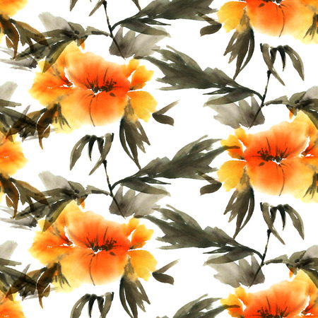 Watercolor and ink illustration in style sumi-e, u-sin. Oriental traditional painting. Seamless pattern.の写真素材