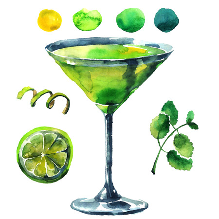Fresh mojito cocktail with lime and  mint. Watercolor hand drawn illustration.の写真素材