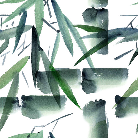 Watercolor and ink illustration of bamboo in style sumi-e, u-sin. Oriental traditional painting.  Seamless pattern.の写真素材