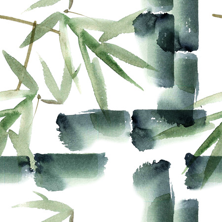 Watercolor and ink illustration of bamboo in style sumi-e, u-sin. Oriental traditional painting.  Seamless pattern.の写真素材