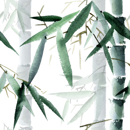 Watercolor and ink illustration of bamboo in style sumi-e, u-sin. Oriental traditional painting.  Seamless pattern.の写真素材