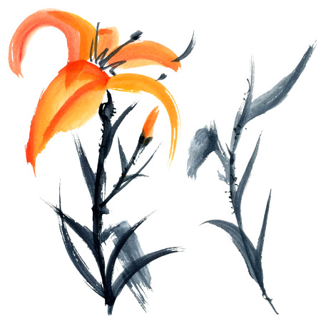 Lily. Watercolor and ink painting in style gohua, sumi-e, u-sin. Oriental traditional painting.の写真素材
