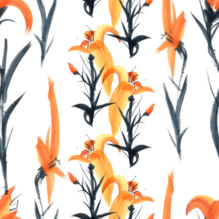 Lily. Watercolor and ink painting in style gohua, sumi-e, u-sin. Oriental traditional painting. Seamless pattern.の写真素材