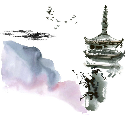 Chinese landscape with pagoda. Sumi-e, u-sin, gohua style. Hand made watercolor and ink painting.の写真素材
