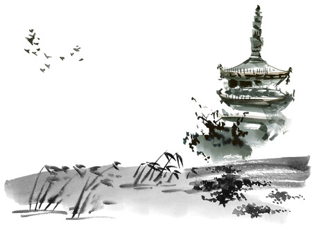 Chinese landscape with pagoda. Sumi-e, u-sin, gohua style. Hand made watercolor and ink painting.の写真素材
